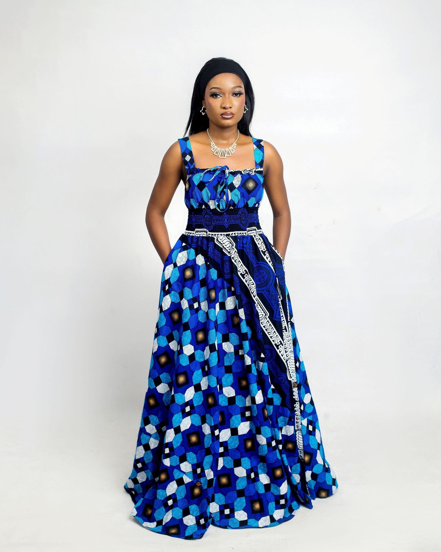 Women’s blue African print maxi dress with geometric pattern, elegant long Ankara dress for special occasions