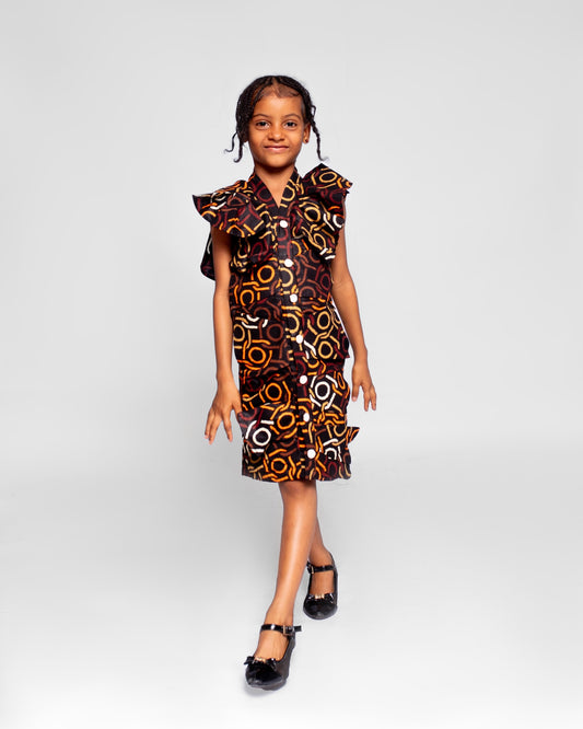Cheche Girls African Dress (in Brown and Gold Ankara, Butterfly sleeves)