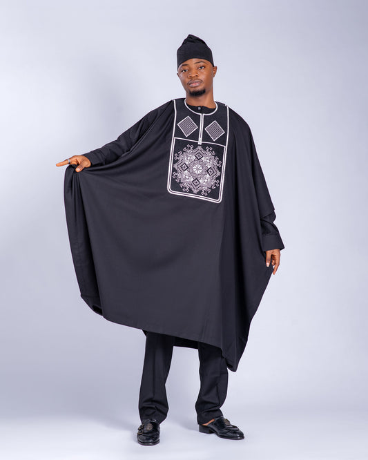 Malik Men’s 3-Piece Embroidered Agbada Set – Black