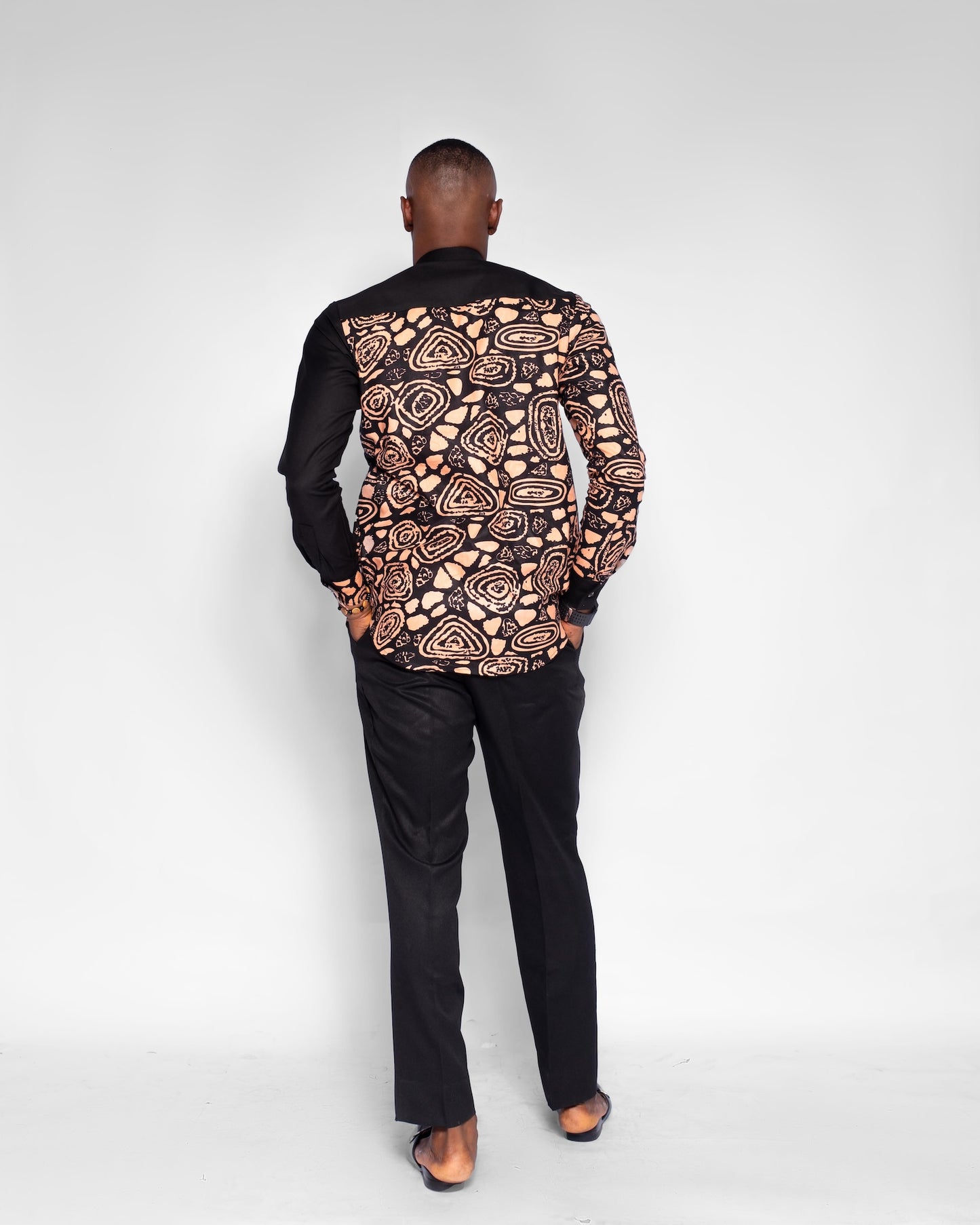 Modebe Men's African Shirt, (in Beige, Brown and Black Ankara)