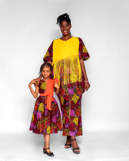 Viom Women's African Boubou Dress with Aso-oke, (Fall Colors Ankara)
