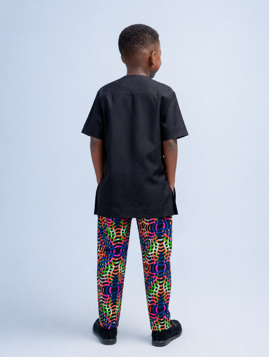 Buchi Boys African Co-Ord Set, Black shirt with Ankara Designs, Matching Pants