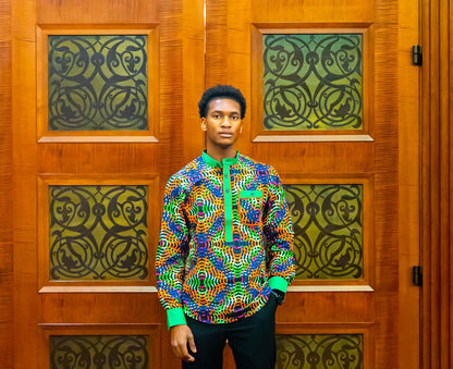Kamsey Men's African Shirt in Wavy Pattern, Multicolored Print