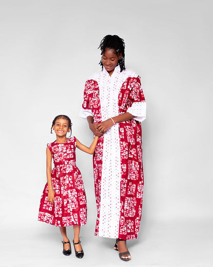 Amanda Girls African Dress (in Wine and White Print, Buttoned Down)