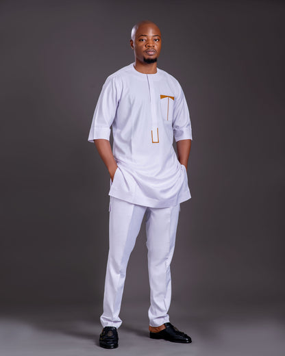 Hakim Men's Dashiki Co-Ord Set (White with Gold accents)