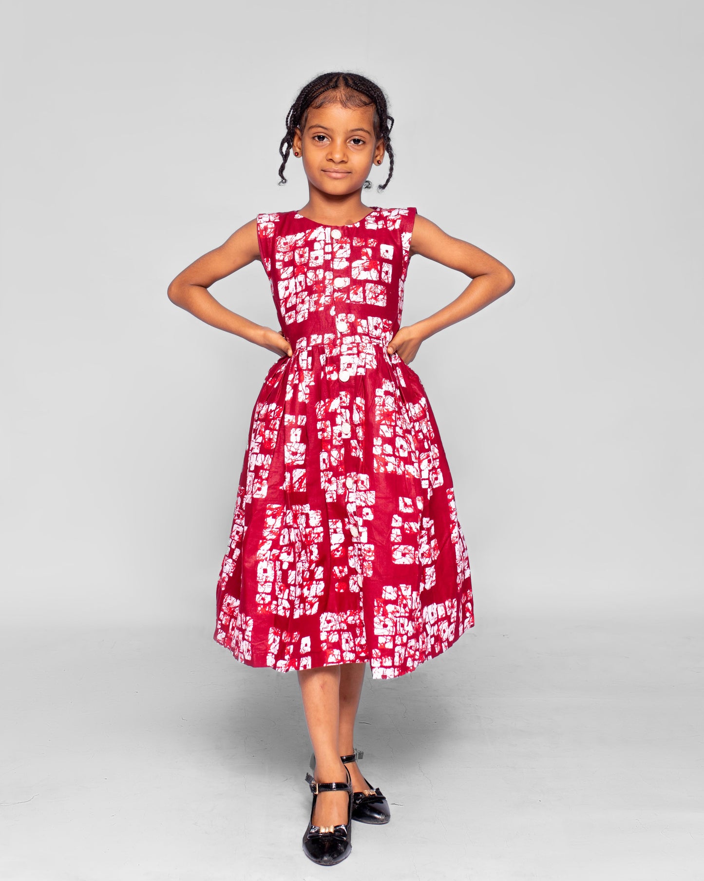 Amanda Girls African Dress (in Wine and White Print, Buttoned Down)