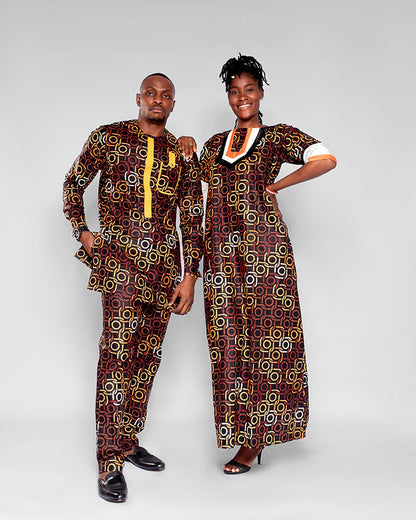 Ekon Men's African Print Co-ord Set, (in Brown and Gold Ankara)
