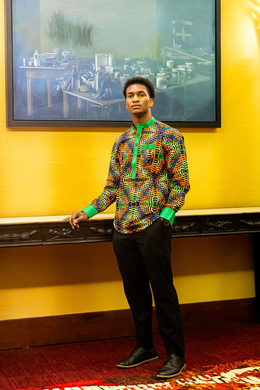 Kamsey Men's African Shirt in Wavy Pattern, Multicolored Print