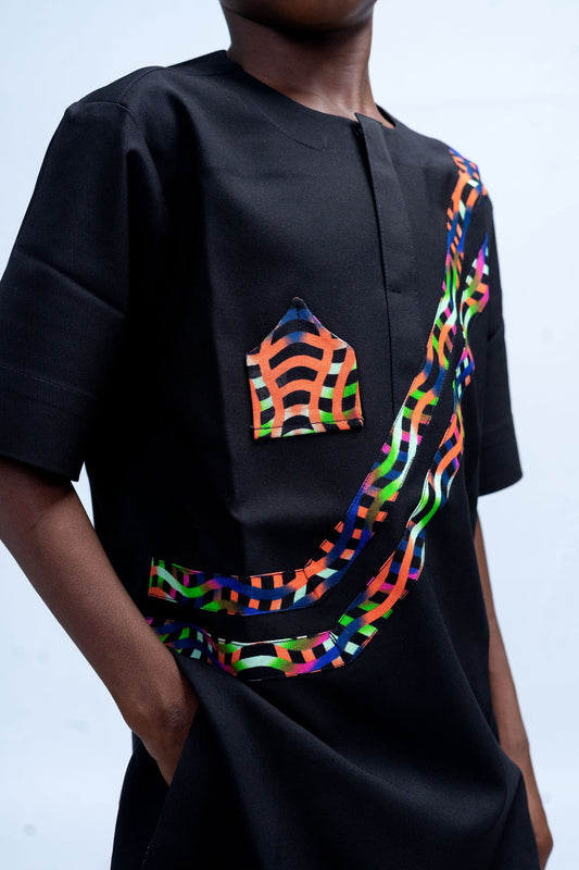 Buchi Boys African Co-Ord Set, Black shirt with Ankara Designs, Matching Pants