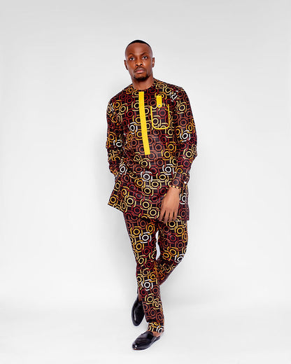 Ekon Men's African Print Co-ord Set, (in Brown and Gold Ankara)