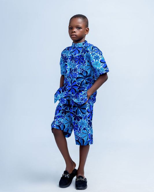 Jimi Boys African Co-ord Set (in Blue ankara button-up Shirt and Shorts)