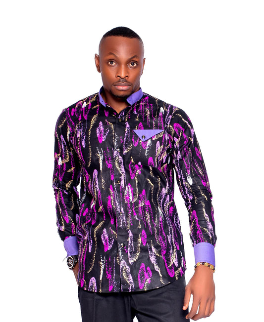Leke Men's African Shirt (in Purple Patterned Ankara African Print)