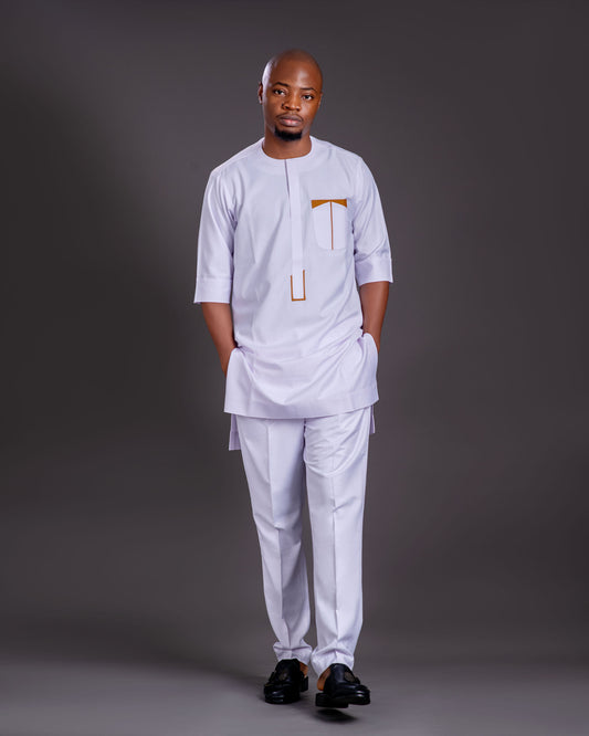 Hakim Men's Dashiki Co-Ord Set (White with Gold accents)