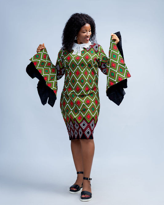 Gelica Women's African Print Dress with White Collar, Long Sleeves