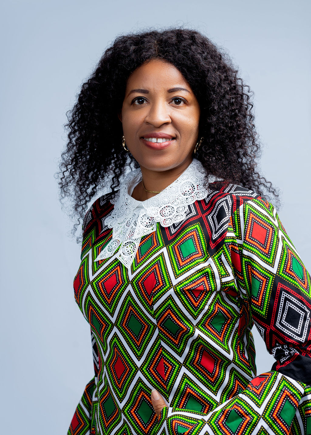 Gelica Women's African Print Dress with White Collar, Long Sleeves