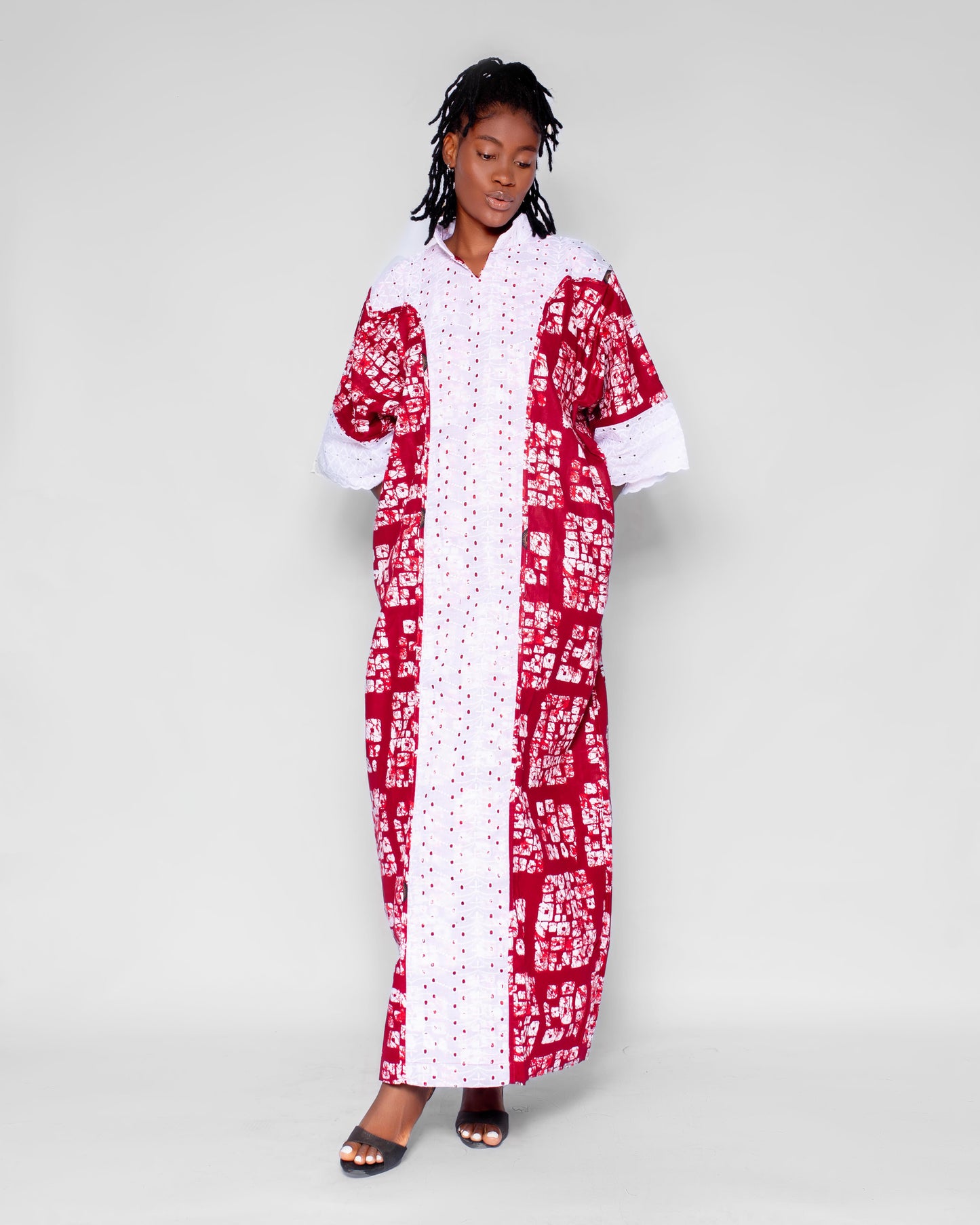 Gwen Women's Maxi African Boubou Dress with White lace, (Wine, White Ankara)