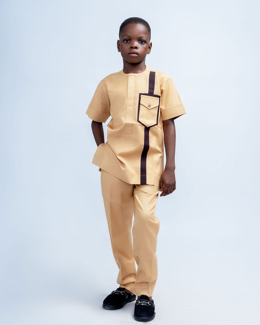 Kafor Boys African-Senator Co-ord Set in Biege and Brown Print