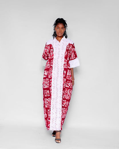 Gwen Women's Maxi African Boubou Dress with White lace, (Wine, White Ankara)