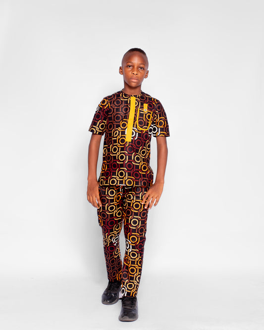 Movio Boys African Co-ord set, (in Brown, yellow gold ankara)
