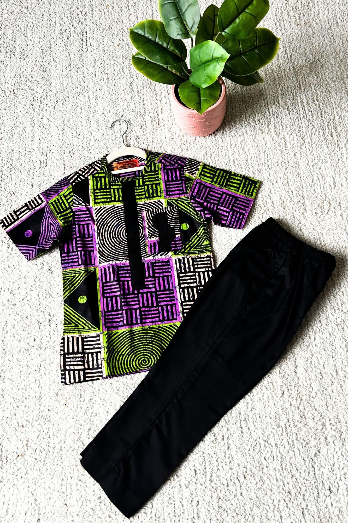Dejo Boys African Co-Ord Set in with Black Matching Pants