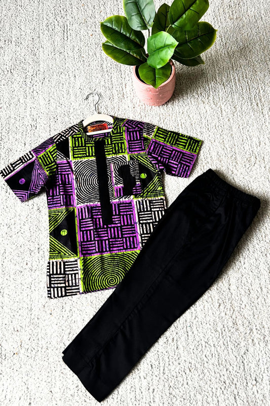 Dejo Boys African Co-Ord Set in with Black Matching Pants
