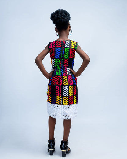 Elochi Girls Colorful African Dress with White Lace Border, Ankara