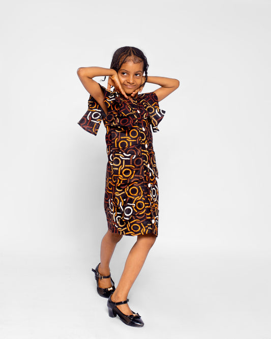 Cheche Girls African Dress (in Brown and Gold Ankara, Butterfly sleeves)