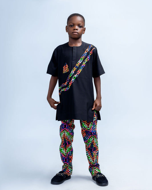 Buchi Boys African Co-Ord Set, Black shirt with Ankara Designs, Matching Pants