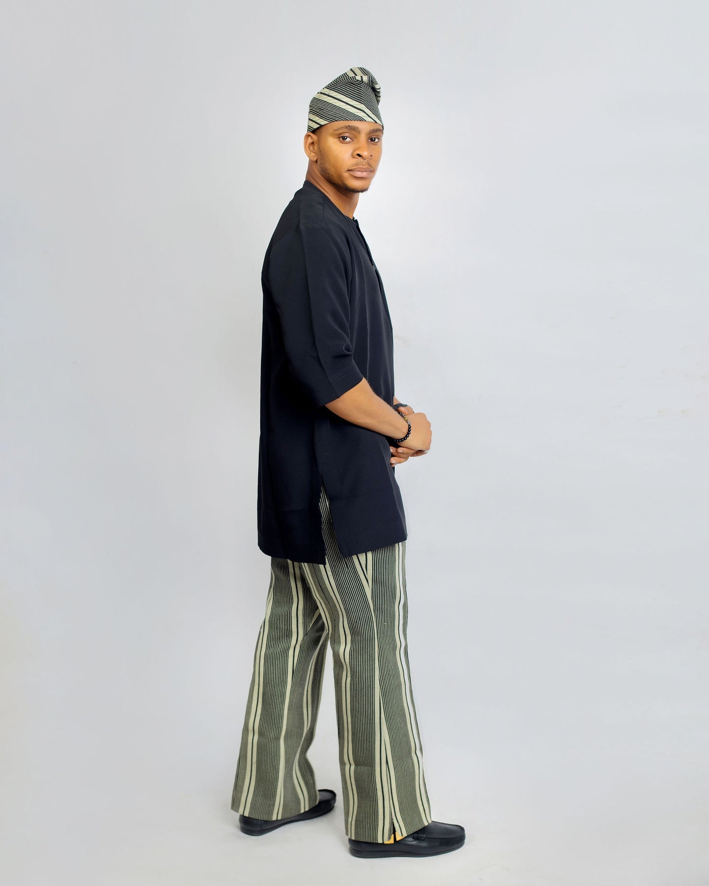 Faro Men’s Aso Oke Pants Set – Black Stripe
