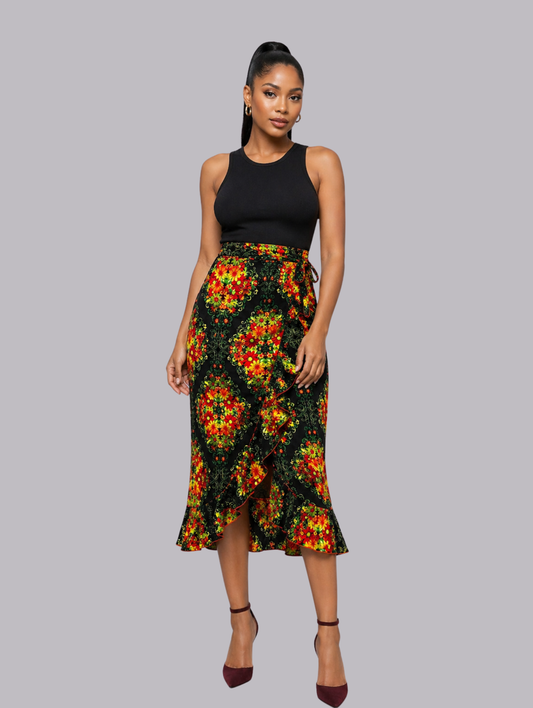 Glen Women's African Wrap Skirt (in Fall coloured ankara, gathered borders)