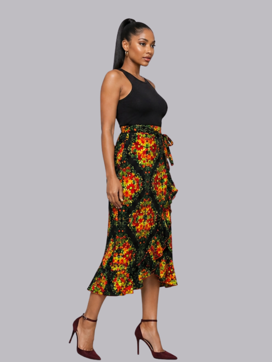 Glen Women's African Wrap Skirt (in Fall coloured ankara, gathered borders)