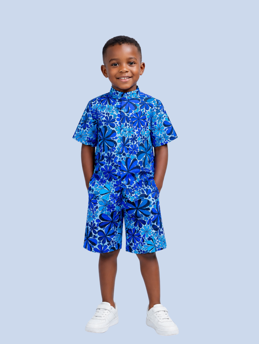 Jimi Boys African Co-ord Set (in Blue ankara button-up Shirt and Shorts)