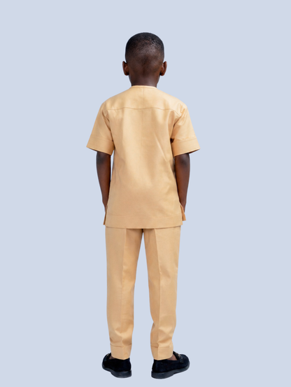 Kafor Boys African-Senator Co-ord Set in Biege and Brown Print