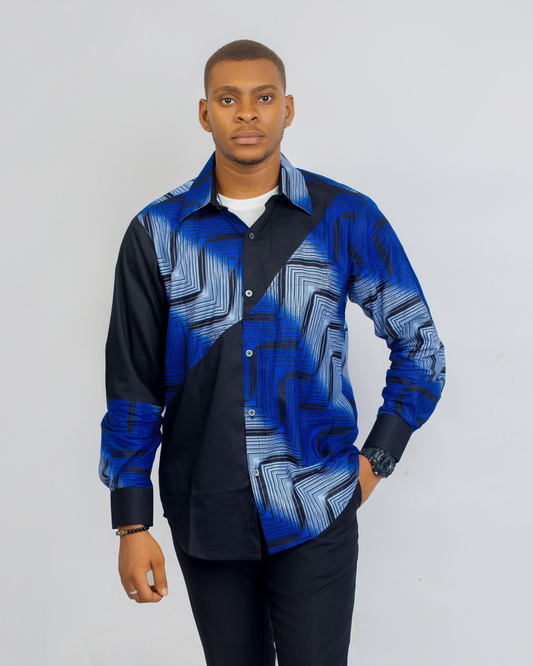 Kairo Men’s African Print Shirt – Blue Noir