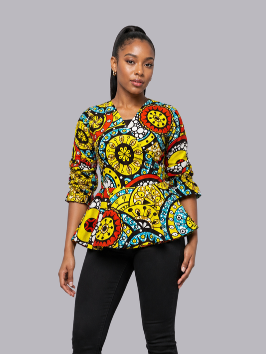 Lolo Women's African Shirt in Colorful Print, (Wrap Shirt, Adjustable Sleeve)