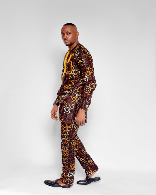 Ekon Men's African Print Co-ord Set, (in Brown and Gold Ankara)