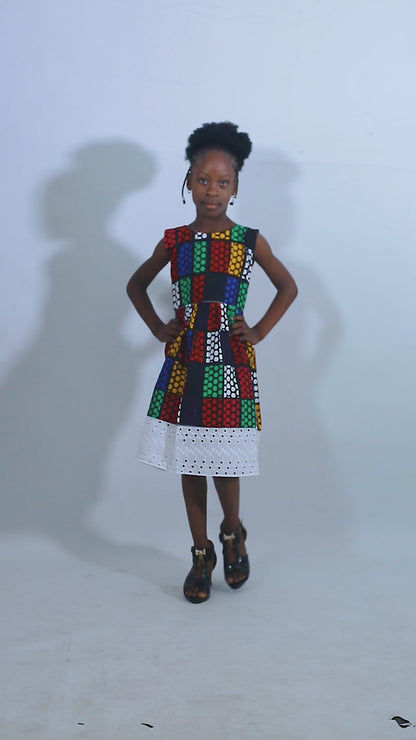Elochi Girls Colorful African Dress with White Lace Border, Ankara