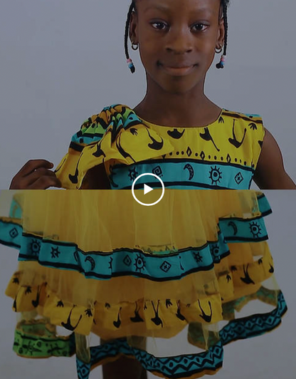 Beulah Girls African Step Dress in Safari Print & Yellow Tulle