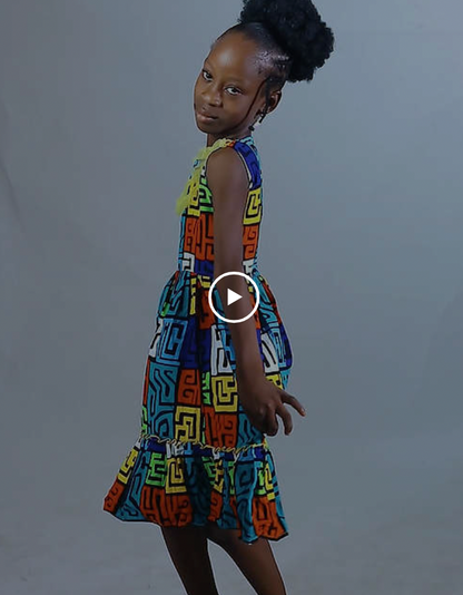 Chefa Girls African Dress, with Tulle Neckline, (Geometric Ankara)