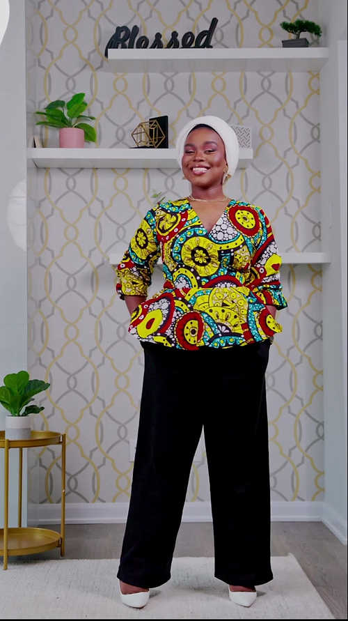 Lolo Women's African Shirt in Colorful Print, (Wrap Shirt, Adjustable Sleeve)