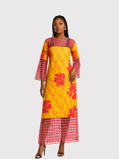 Riah Women's African Beaded Dress, (with Basket Neckline, Sleeves, Borders)