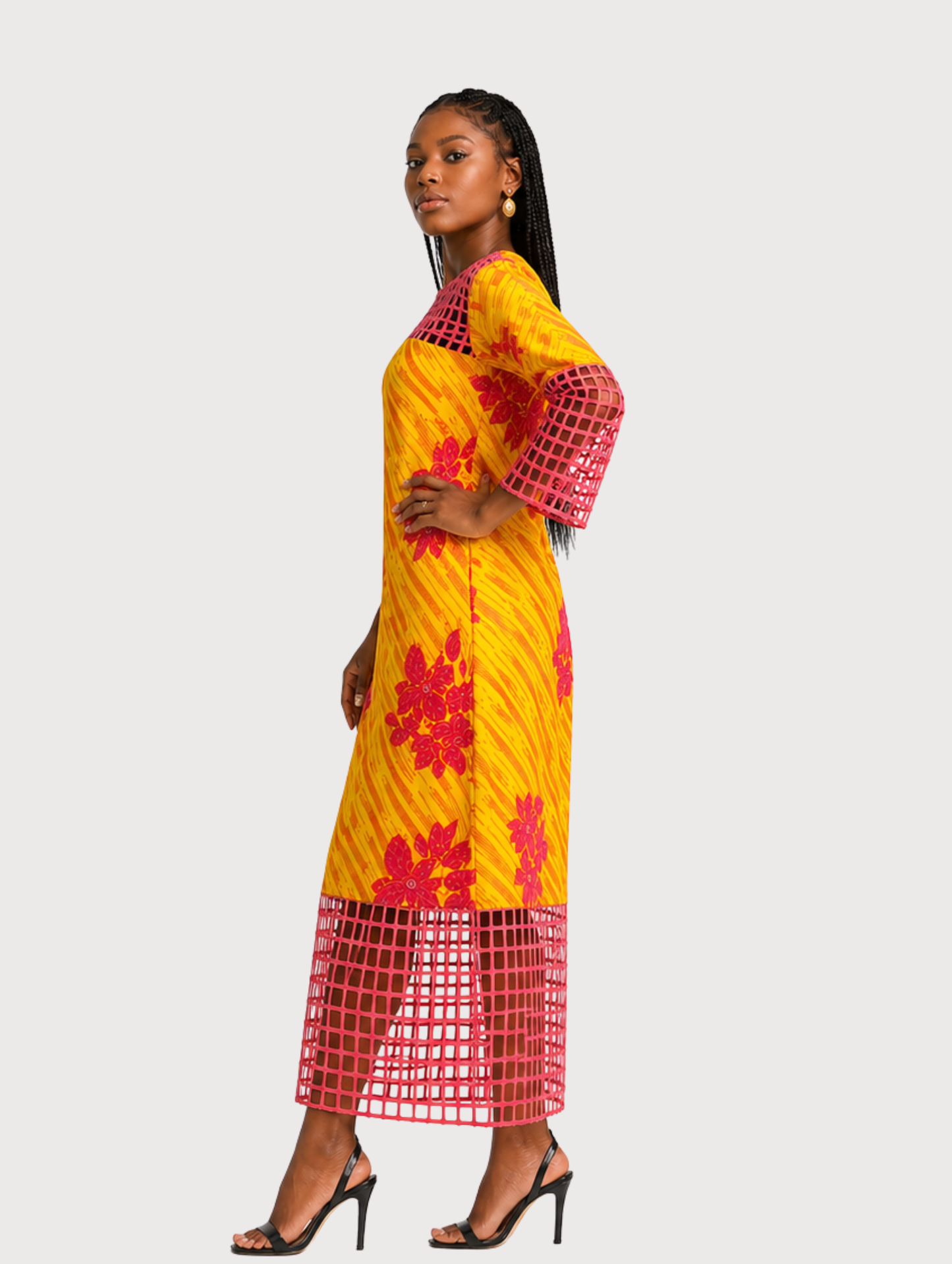 Riah Women's African Beaded Dress, (with Basket Neckline, Sleeves, Borders)