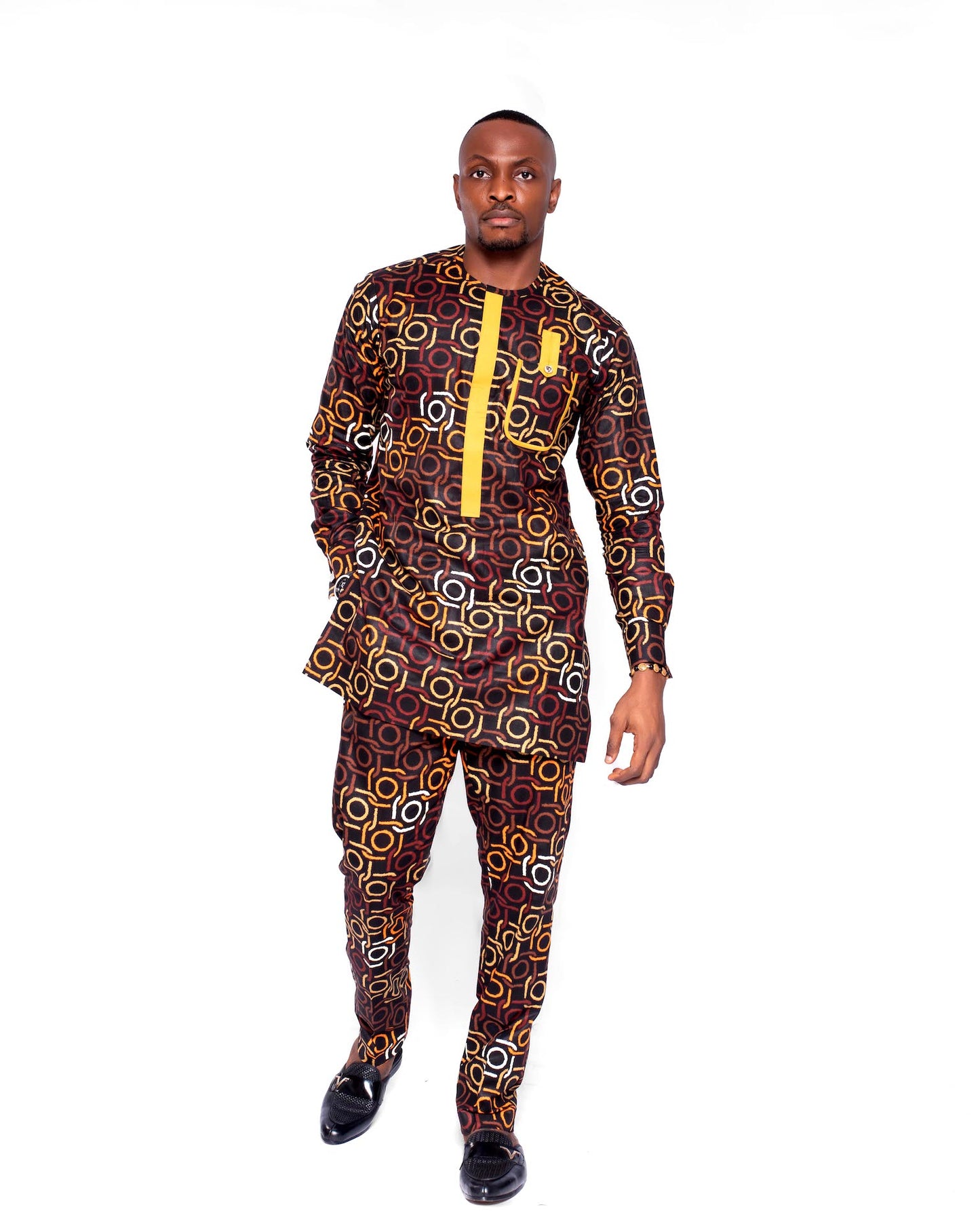 Ekon Men's African Print Co-ord Set, (in Brown and Gold Ankara)