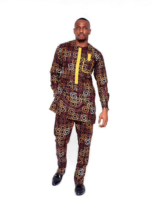 Ekon Men's African Print Co-ord Set, (in Brown and Gold Ankara)