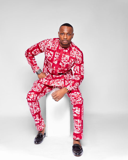 Keneh Men's African Print Co-ord set, (in Wine, Red White Ankara)